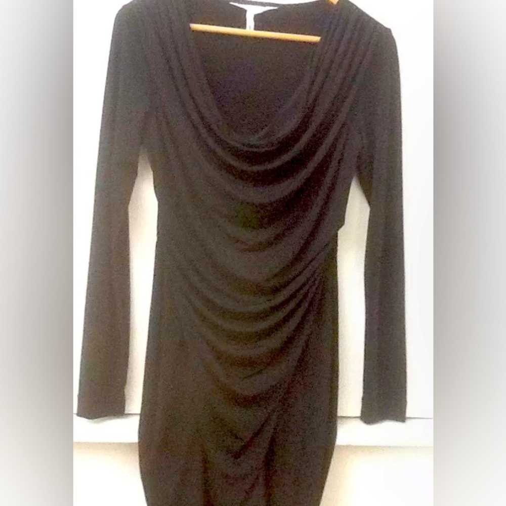 BCBG Black Stretchy Drape Collar Dress Hits @ Knee & Fantastic For Day-to-night!